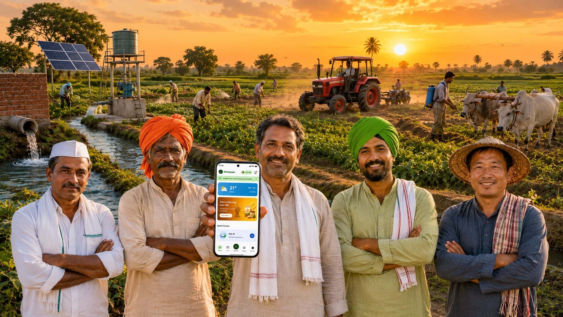 Indian farmers in a green field at sunset, one holding a phone with the Khetiyaar app open