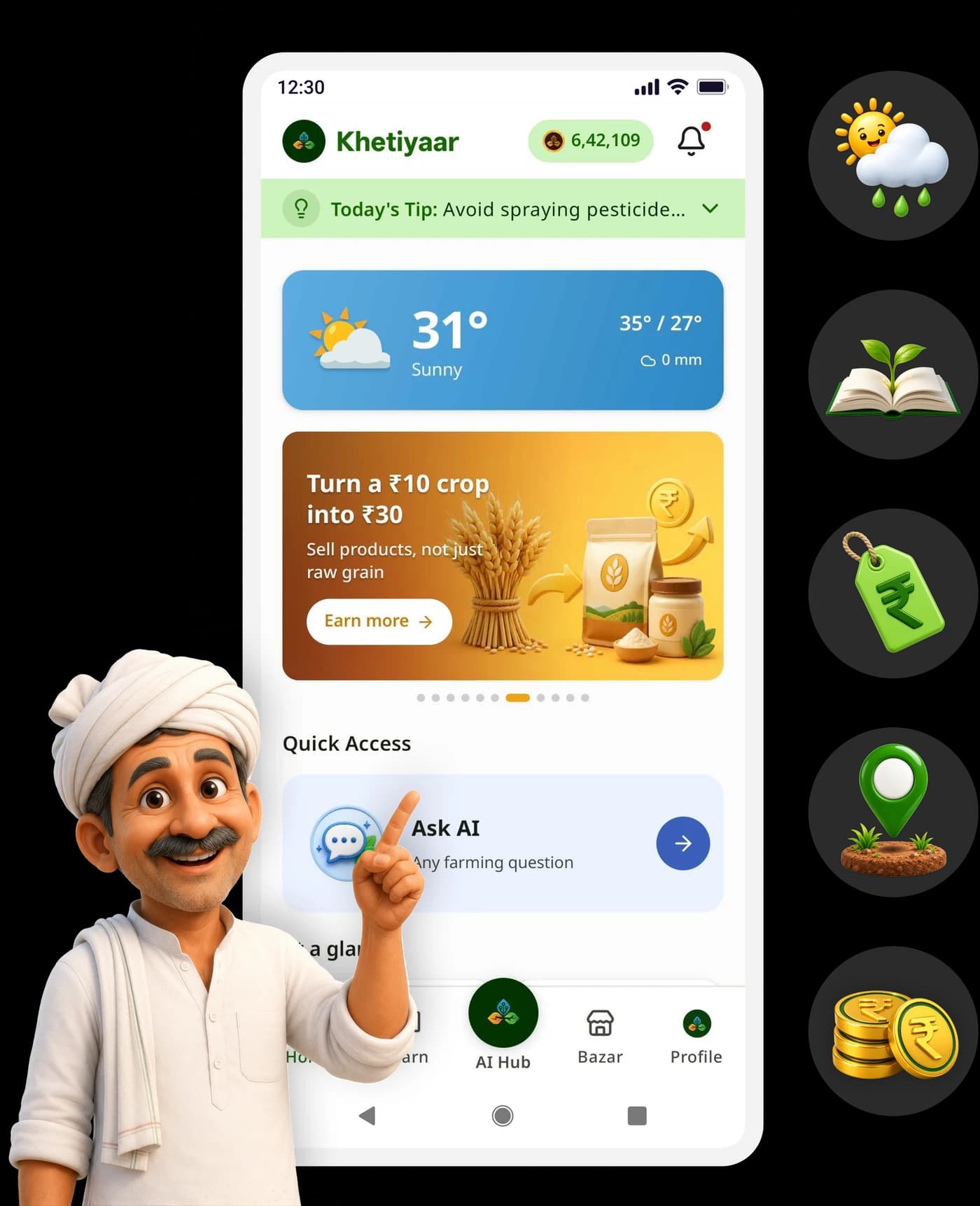 A smiling farmer pointing at the Khetiyaar app home screen showing weather, today's tip, market ideas and Ask AI