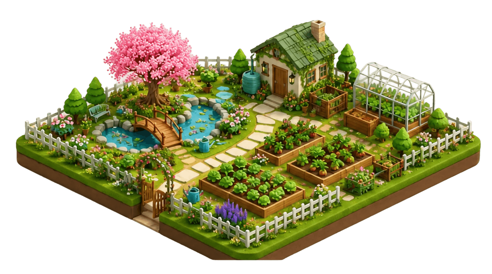 A 3D illustration of a working Indian farm — fields, tractors and irrigation