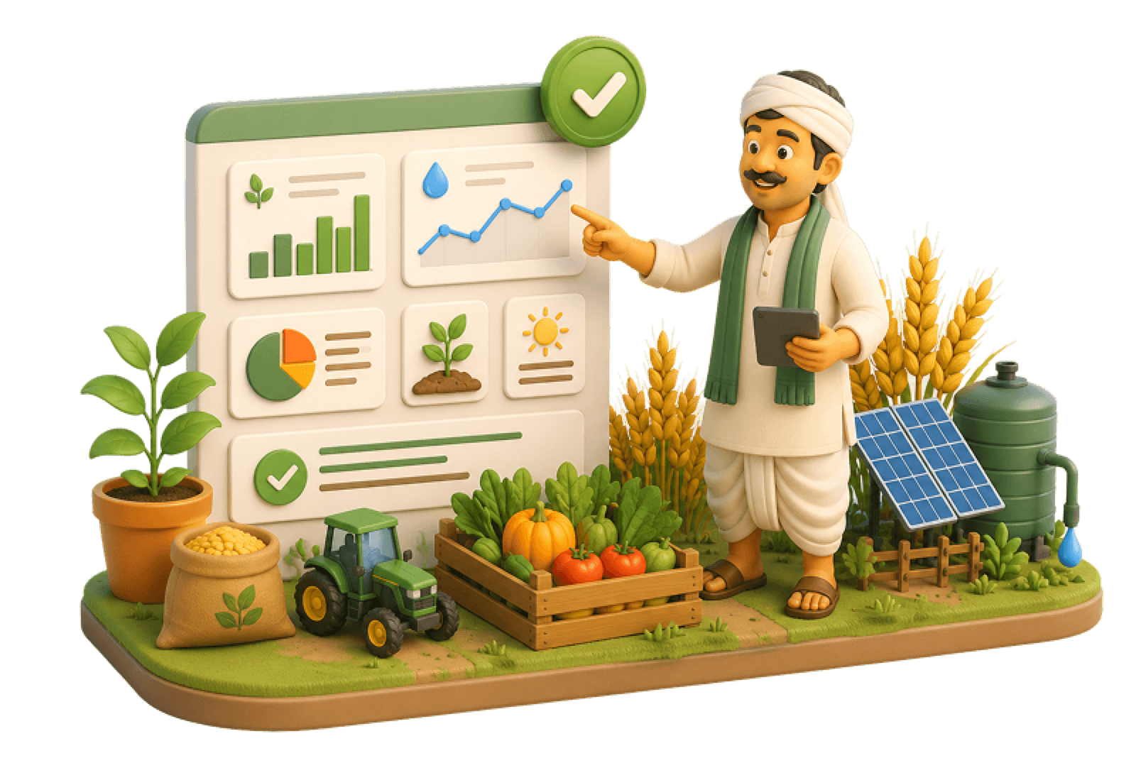 An Indian farmer reviewing his crop dashboard with fresh produce