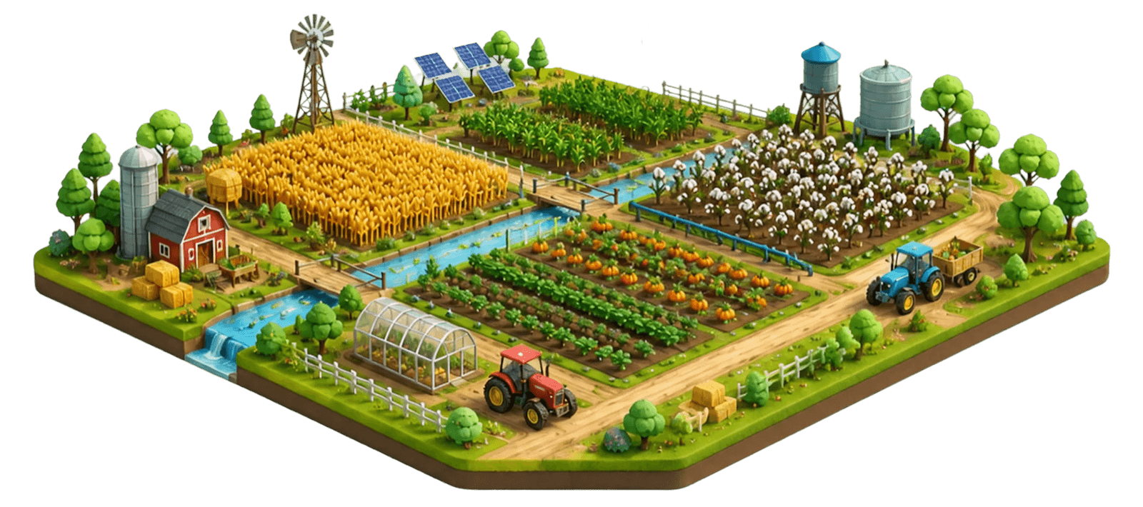 A backyard kitchen garden with cherry blossom, vegetables and a greenhouse