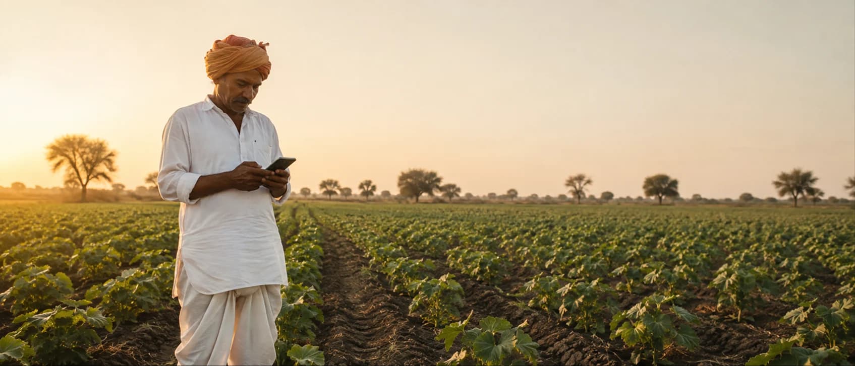 A farmer in a Gujarat field at first light, checking the Khetiyaar app on a phone.