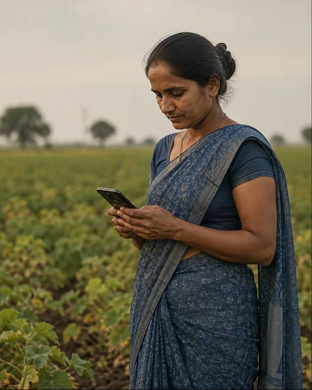A farmer checking her phone at the edge of a field in Gujarat.